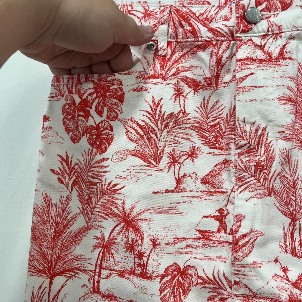 J Mclaughlin Richland Skirt 4 NWT $168 Knee Pencil Denim Heron Toile Coral White - Picture 2 of 9